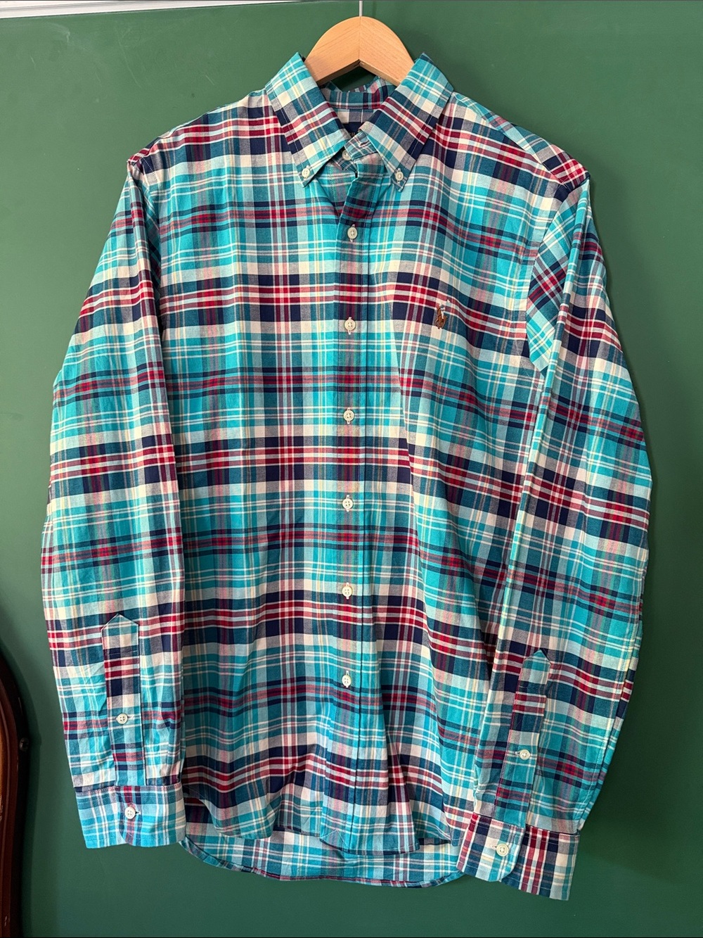 Ralph Lauren Turquoise, Navy & Red Plaid Button-Down Shirt Mens M Preppy Classic